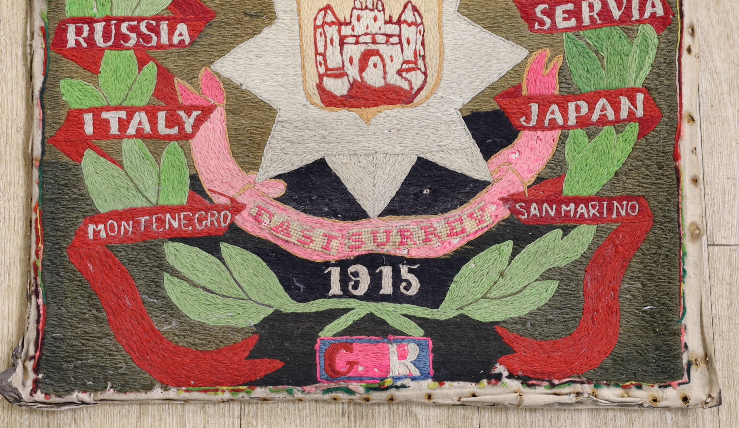 West Kent Regiment 'Mutton Lancers' 1st Bn wool work panel, 50cms x 53 cms